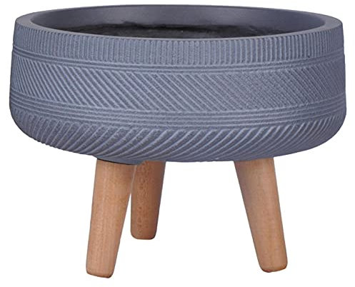 IDEALIST 40cm Ribbed Grey Reinforced Stone Bowl Planter | Large Bonsai Pot on Legs | Indoor Plant Pot D40 H28 cm, 20 litres