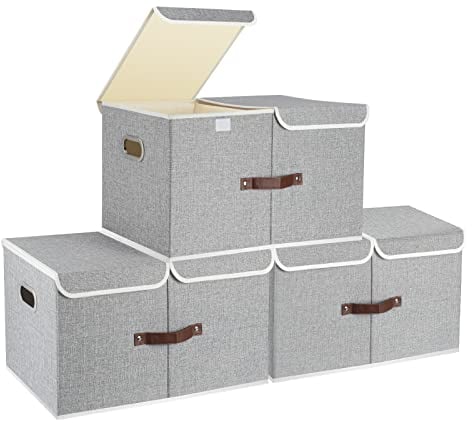 TYEERS Extra Große Aufbewahrungsbox mit Deckel und Fächern, Stoff, Faltbare, Waschbare, Kisten Aufbewahrung mit Deckel, 55x33x30 cm, 3-Stück, Grau