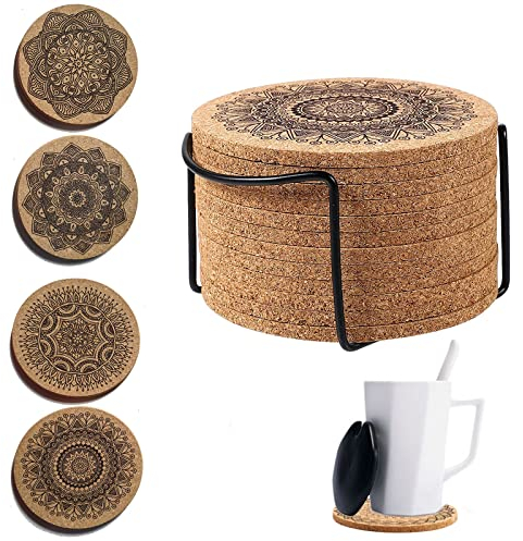 Spldsun 12 Stück Kork Untersetzer, Saugfähigen Tasse Coaster, Holz Mandala Eco- Freundliche Untertassen, Runde Hot Pot Halter Pads mit Rack, für Kaffee Home Bar Küche Restaurant