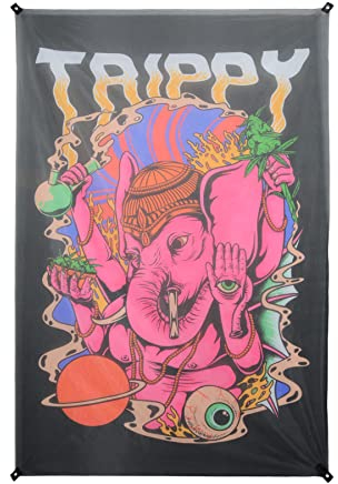PSYWORK Schwarzlicht Mesh Banner Neon Ganesha, 1,50x2,25m Tuch Netz Wanddekoration Wandbehang UV-aktiv