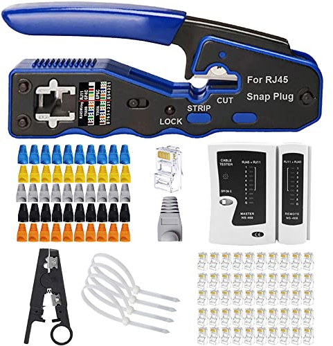 MAYLINEE Pelador de cables de red RJ45 Kit de Herramientas de Crimpado, Probador de cables Cat5 Cat5e Cat6 Herramienta de corte de pelacables alicates de, y de paso 50 Conectores (Gris)