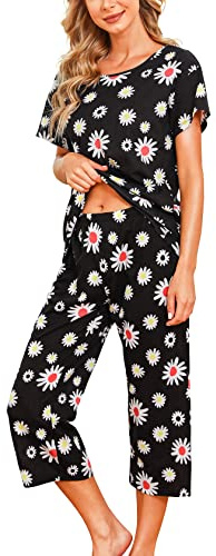 ENJOYNIGHT Womens Pyjama Sets Cotton Pjs Short Sleeve Capri Pants Nightwear