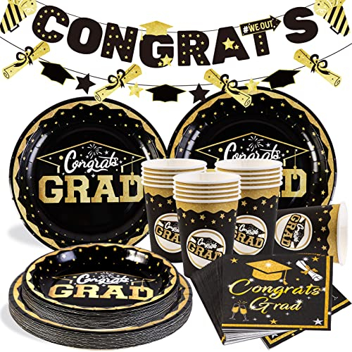 SUNBEAUTY 66 Stück Abschluss Dekoration Partygeschirr 2025 Schwarzes Gold Abschlussdeko Einschließlich Congrats Grad Banner, Pappteller, Pappbecher, Servietten