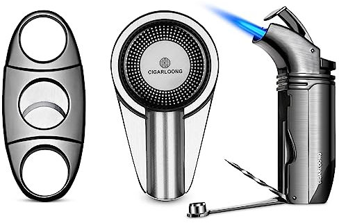 Zigarrenschneider-Set, 3-teilig, Legierung, winddicht, Doppelstrahl-Flamme, Feuerzeug, Luxus-Zigarren-Aschenbecher, Geschenk für Männer (Silber)