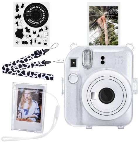HIYQIN Great Glitter Clear Case with Portable Photo Box Compatible with Fujifilm Instax Mini 12, Instant Mini 12 Case with Accessories - Glitter White
