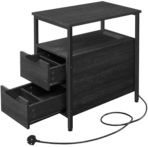 VASAGLE Slim Side Table with Charging Station, Narrow End Table with 2 Drawers, Bedside Table with Storage, for Living Room, Bedroom, Charcoal Grey and Classic Black LET326B22
