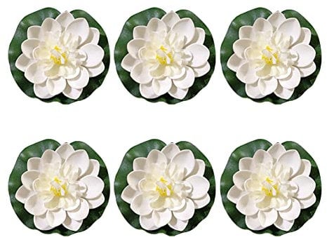 JIHUOO 6 Pcs Artificial Lotus Flowers Large Floating Lotus Flowers Faux Lotus Flowers Water Lily Flowers Fish Pond Artificial Plants with Artificial Lily Pads White