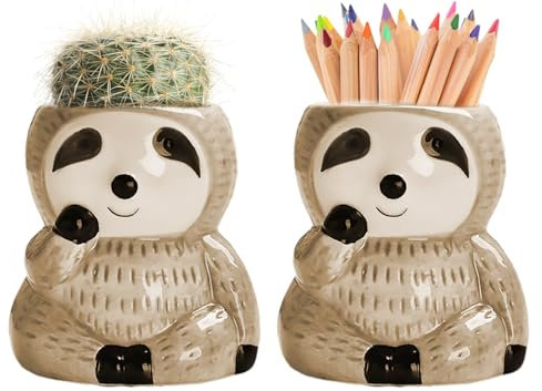 LOZACHE Blumentopf Klein 2er-Set, Faultier Geschenk Mini Keramik Blumenübertopf Pflanzentopf für Bonsai Kaktus Sukkulente Pflanzen Blumen Draußen Balkon Garten Dekoration Innen Außen (Braun)