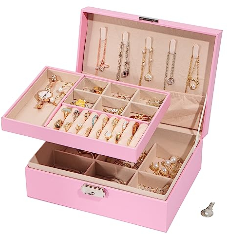 WAREHOUSE Schmuckaufbewahrung, 2-Lagige Abnehmbare Schmuckkästchen, zur Aufbewahrung von Schmuck, Ringen, Ohrringen, Armbändern und Halsketten, Wasserdichte Leder Schmuckkasten (Rosa)