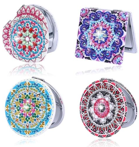 egjxal Kompaktspiegel mit Diamant-Malerei, Taschen-Make-up-Spiegel mit Diamant-Kunst-Malerei, tragbar, tragbar, faltbar, kleiner Spiegel, Handwerk, Geschenke für Kinder, Frauen, Mädchen, 4 Stück