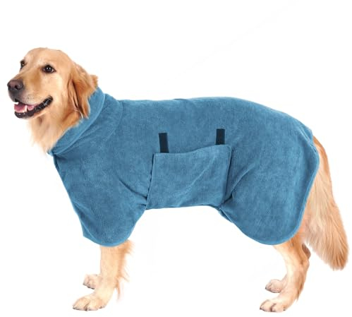 PETTOM Hundebademantel Mikrofaser Schnelltrockend, Bademantel Hund Baumwolle Super Saugfähig, Bademantel für Große Mittelgroße und Kleine Hunde (XL, Blau)