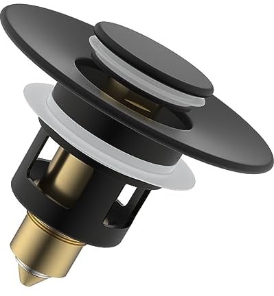 Hibbent Sink Plug Suitable for 25mm to 46mm, Pop up Sink Plugs with Drain Strainer, Brass Bounce Core Push-Type Drain Plug, Universal Sink Stopper Replacement for Bathroom and Kitchen,Matte Black