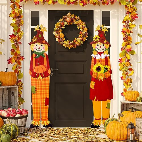 Barydat 2 Pieces Fall Welcome Sign Maple Leaves Standing Fall Vertical Porch Sign Farmhouse Wooden Thanksgiving Door Decoration for Autumn Yard Door, 7.8 x 42 Inches, (Scarecrow)