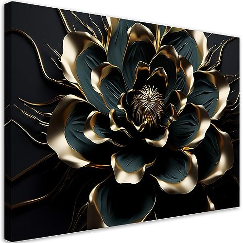 Feeby Bild Auf Leinwand Blumen 3D 60x40 cm 1 tlg Modern Leinwandbilder Bild auf Leinwand Kunstdruck Wand Bild Wanddeko Design Schlafzimmer Büro Flur Hotel Spa Wohnzimmer Botanik Pflanzen AI Gold