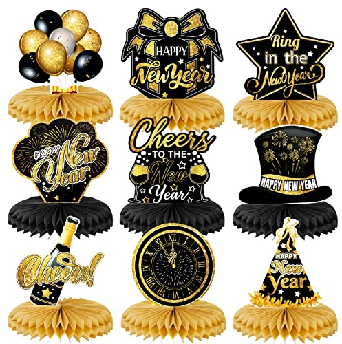 HOWAF 9 Stück Neujahr Bienenwabe Deko Silvester Deko 2026, Schwarz Gold Papier Silvester Party Honigwabe Mittelstücke Bienenwaben für Silvesterdeko Happy New Year Deko 2026 Deko Silvester Party 2026