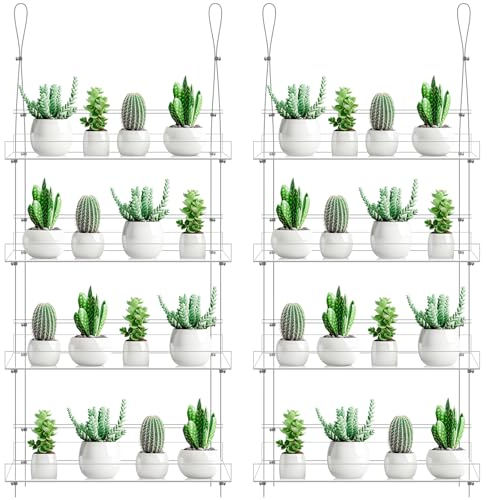 Ziliny 2 Pcs 16 Inch 4-Tier Clear Hanging Window Plant Shelves Acrylic Height Adjustable Plant Stand Hanger Flower Pot Organizer Storage for Indoor Window Wall Garden Grow Herb Succulent