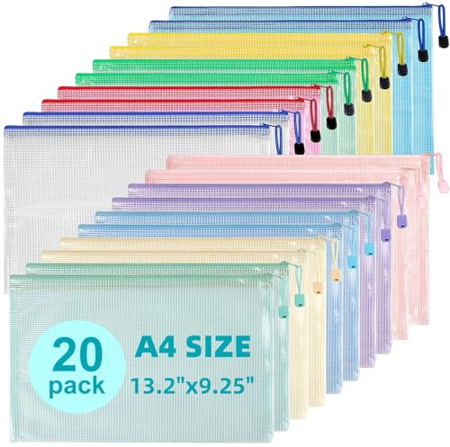Mutsitaz 20 Stück Dokumententasche A4, A4 Plastic Wallets File Bags, Dokumentenmappe mit Reißverschluss, Mesh Kunststoff Dokumententasche A4, für Datei Taschen, Papier, Dokumente, Kosmetika