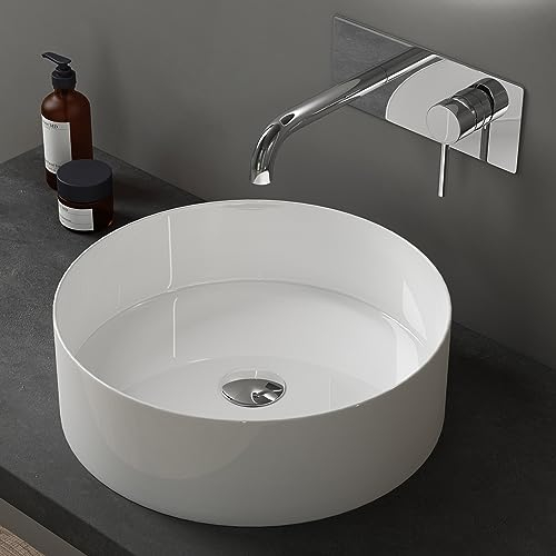 Sogood Lavabo Vasque à Poser Blanc 40x40x13 cm Lave Mains Rond en Céramique Revêtement NANO Easy Clean Bruxelles203