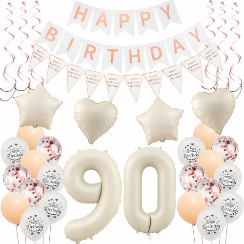 Deko 90. Geburtstag Frauen Beige Roségold Luftballons 90 Geburtstag Dekoration Frau，90 Gertstag Deko，Geburtstagsdeko 90 jahre Frauen,Happy 90th Birthday Girlande 90 Geburtstag Party Deko