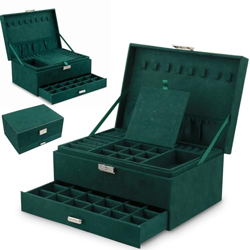 Schmuckschatulle, Schmuckkästchen aus Samt mit 2 Ebenen, Schmuckbox Schmuckkoffer für Damen, Schmuckkästen für Ringe, Ohrringe, Halsketten und Uhren, mit Schloss und Schlüssel (GRÜN)