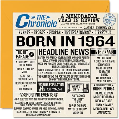 Geburtstagskarte zum 60. Geburtstag für Männer und Frauen, Zeitung Born In 1964 Newspaper – Happy 60 Birthday Card for Grandad Grandma Nan Vintage Retro Back in 1964, 145 mm x 145 mm Sixty Sixtieth