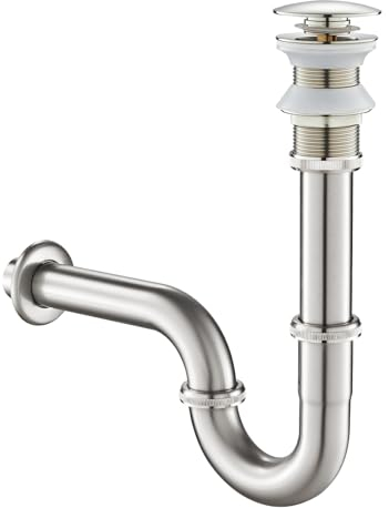 SET - Design Siphon mit Ablaufgarnitur ohne Überlauf KEOKBON Siphon 1 1/4 x 32 mm Pop Up Ventil für Waschbecken und Waschtisch, Edelstahl Röhrensiphon Geruchsverschluss Gebürstetes Nickel