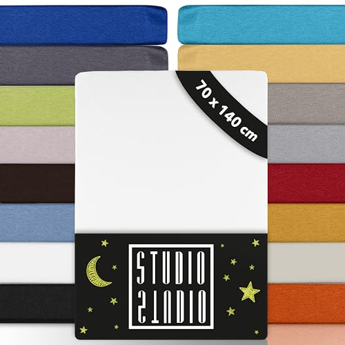 STUDIO Kinder Spannbettlaken 2er Pack 70x140cm, 100% gekämmte Baumwolle, Oeko-TEX 100, Markenqualität, Bettlaken Kinderbett Jersey 70x140 - Weiß