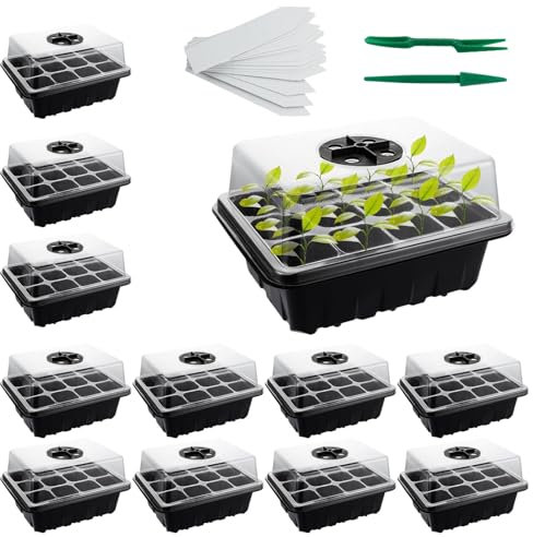 GBACHOOSE 20 Pack Seed Trays, 240 Cells Seedling Tray with Adjustable Dome Lids, Black Propagator Tray Seed Starter Tray Kit for Greenhouse Gardens Seeds Germination, 12 Cells Per Tray