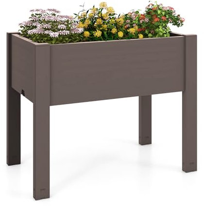 COSTWAY Huerto Urbano con Riego Automático, Macetero con Indicador de Nivel de Agua, Orificio de Drenaje y Divisores de Espacio Desmontables, para Exteriores para Verduras, Frutas y Hierbas (Café)