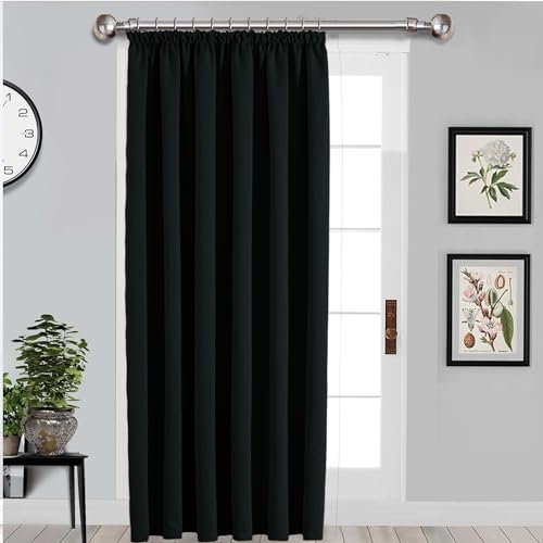Imperial Rooms Blackout Pencil Pleat Curtains for Bedroom 66 x 84 Drop Inch Black Curtains Thermal Insulated Door Curtain, 1 Panel with 1 Tieback
