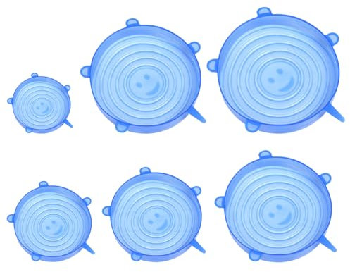 6 Pcs Silicone Stretch Lids Different Sizes Food Storage Covers Reusable Food Covers Lids Anti-dust Stretch Container Lids for Drinking Glasses Jars Bowls Cups Bottles Cans Pots Coffee (Blue)