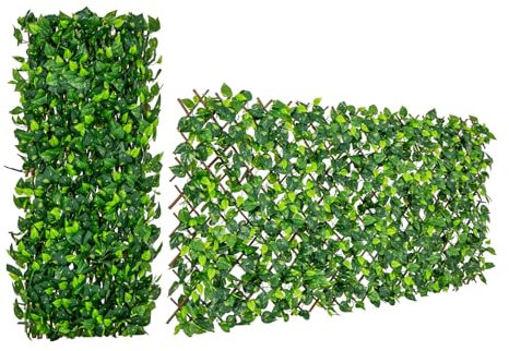 COSTWAY Haie Artificielle Brise-Vue Décoration Extensible, Panneau pour Clôture Décoratif Artificiel Protection Solaire Cadre en Saule Véritable, pour Intérieur Extérieur (Lierre Vert)