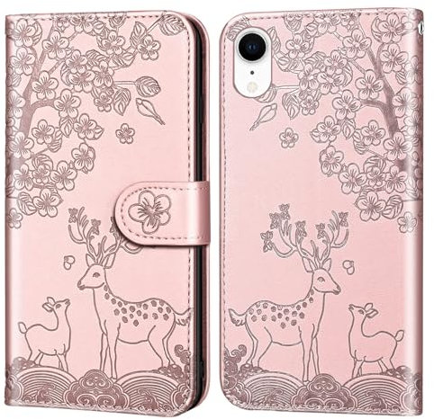 Nbziyoo Phone Case for iPhone XR, Embossed Deer Floral Animal Flip Wallet Case with Card Slots, Premium Magnetictective PU Leather Cover Case for iPhone XR.Pink