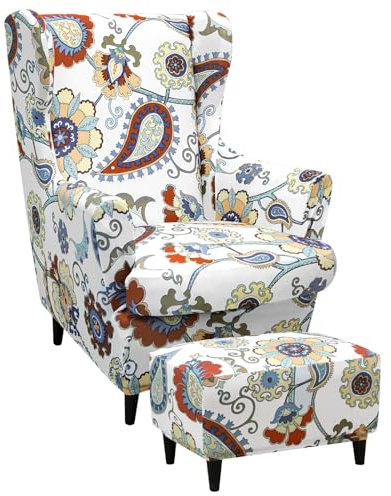 Alishomtll 3 Teilig Ohrensessel Überzug Mit Ottomane Schonbezug Stretch Sessel-Überwürfe Elastisch Sesselhusse Strandmon Tiger Stuhlbezug mit Armlehne Hohe Rückenlehne Universal (Bohemian Blumen)