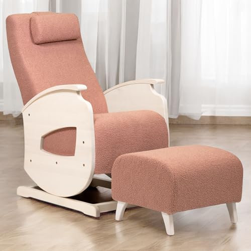 NeiLux Design Schaukelstuhl mit Hocker – Handgefertigter Schaukelstuhl – Gemütlicher Schwingsessel mit Armlehnen für Wohnzimmer, Schlafzimmer & als Lesesessel – Relax Sessel (Pink)