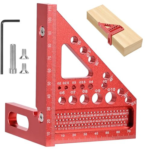 3D-Abschrägungslineal, 22,5–90 Grad hochpräzises Messwerkzeug aus Aluminiumlegierung, anreißwerkzeug, holzdübel bohrschablone, Schreinerwerkzeug-Anreißlineal, Winkelmesser mit Bohrloch (rot)