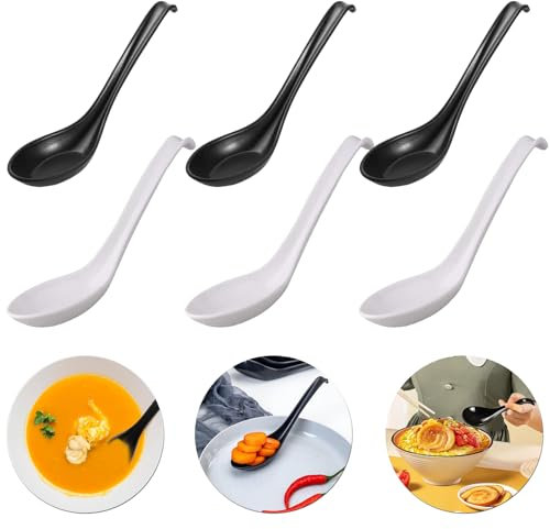 6 Piezas Cucharas de Melamina para Sopa Asiática, Cuchara de Mesa de Plástico Reutilizable, 16.5cm, Negro/Blanco, Cucharas de Arroz Plástico de Aperitivo Cucharas de Ramen