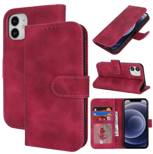 Zouzt Hülle für iPhone 12 Mini 5,4-Zoll, Stoßfestes PU Leder Handyhülle Lederhülle Klapphülle mit Kartenhalter und Standfunktion Flip Leather Wallet Phone Cover (Vintage Grape Red)