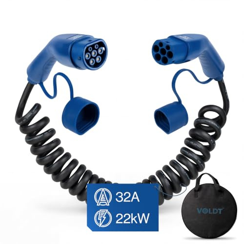 VOLDT 222KW 32A 3 Phase Coiled Charging Cable for EV PHEV Electric Vehicles Type 2 to Type 2 Mode 3 Compatible Tesla Model S/X/Y/3, ID.4, E-Tron, e-208, I4, IX1, Zoe, IP67