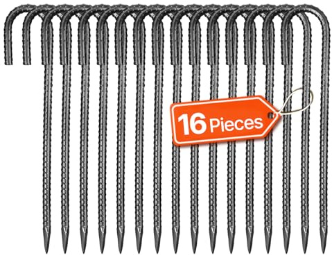 VEVOR Rebar Stakes, 12-Inch, Heavy-Duty 0.4 in Diameter J Hook, Galvanized Steel Ground Anchors with Chisel Point End & Rust-Resistant Coating, for Gardening Support, Fence, Camping Tents (16-Pack)