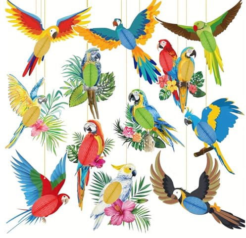 12 Stück Papagei aus Holz, Tropische Vögel Deko Seidenpapier Wabenkugeln, für Sommerpartys, Kindergeburtstage, Zuhause, Klassenzimmerbedarf, tropische Partydekorationen