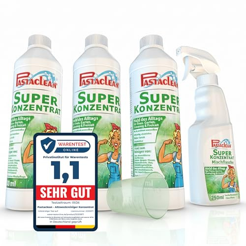 Pastaclean® Super concentrato, 3 X 500 ml + flacone spray, detergente multiuso extra forte per tutti i settori della casa, forte sgrassante, sgrassante da cucina, sgrassante alla nicotina, prodotto in