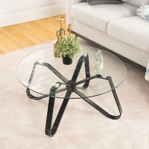 FurnitureR Bouts de Canapé de Salon, Table D'appoint Ronde Minimaliste avec Plateau en Verre Trempé, Base Artistique en Forme de Papillon, pour la Maison, le Salon, le Patio, le Jardin, 80 x 80 x 40cm
