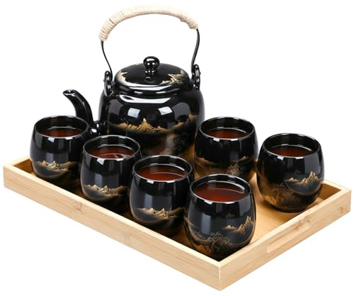 Polegas Japanisches Teeservice, 850ml Teekanne mit Teesieb und 6 170ml Tasse, Exquisites Chinesisches Teekannenset aus Porzellan, Japanische Teekanne Set für Teeliebhaber