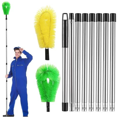 Herramienta Limpieza Canalones con 8 Poste Telescopico Acero Inoxidable, Limpiador Hojas Techos Extensible 310 cm, Cepillo Limpiar Nieve Tejado (Verde+ Amarillo)