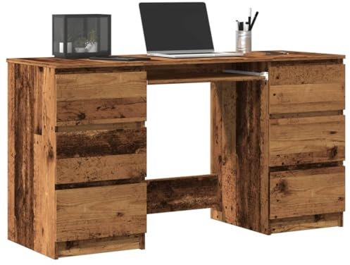 QJBSAVVA Large Writing Desk 140 x 50 x 77 cm Old Wood Engineered Wood 6 Drawers Modern Office Desk for Home Study Bedroom Workspace Gaming PC Setup