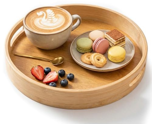 Rundes Tablett, Holz Bambus Serviertablett Tablett Rund Deko Tablett Rund mit Griffen und Erhöhter Serviertablett Rund für Lebensmittel Kaffee Wein Tee Obst(25x25x5cm)