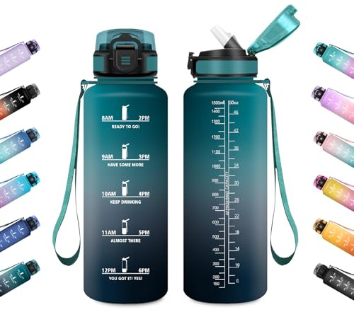 JAPORIA Gourde 1.5L, Bouteille Sport avec Paille et Marqueur de Temps, Anti-Fuite, Ultra Résistante, Réutilisable, pour Musculation, Bodybuilding