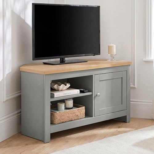 Blisswood Corner TV Stand for TVs Up to 40 Inch, Wooden TV Unit with Adjustable Shelves & Side Storage Cabinet, Cable Management Hole, Oak Effect Top, Entertainment Unit for Living Room Bedroom, Grey