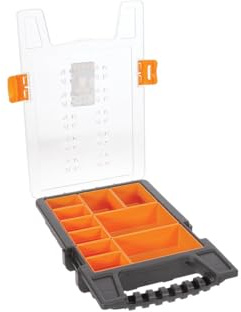 Perel Sortimentskasten, Kunststoff Aufbewahrungsbox mit 10 herausnehmbaren Boxen, transparenter Deckel, stapelbar, mit Griff, für Schrauben Muttern Nägel und Kleinteile